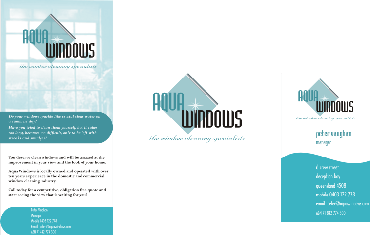Client: AQUA WINDOWS | Designs: logo, business card, postcard